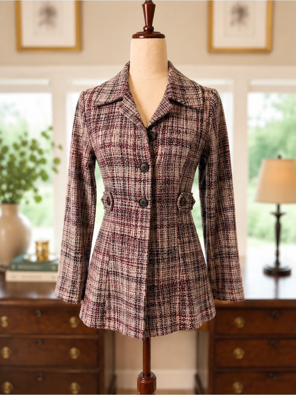 KLD Signature Tweed Plaid Blazer Jacket Small Burgundy Academia Chic